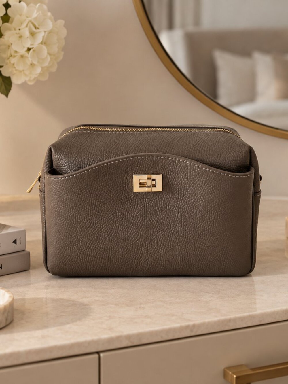 Taupe Genuine Leather Crossbody Bag, Italian Leather Shoulder Bag
